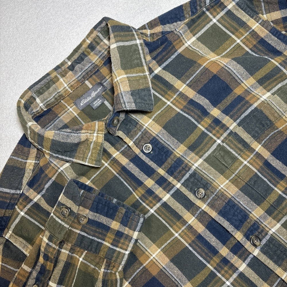Eddie Bauer Shirt Mens Tall Large LT Plaid‎ Heavy Flannel Button Down Brown